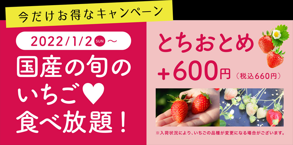 【2022/1/2(日)〜】国産の旬のいちご食べ放題！ とちおとめ+600円（税込660円）
